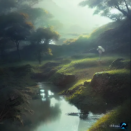 Image similar to walking around misumi west port and manda pit, kumamoto, japan. volumetric lighting, dew, spring morning, slight overcast weather, realistic illustration, perfectly shaded, soft painting, art by krenz cushart and wenjun lin