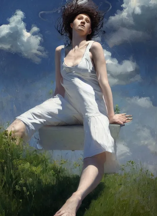 Prompt: portrait of girl dressed in white clothes , fantasy character portrait, decollete, lying dynamic pose, above view, sunny day, thunder clouds in the sky, artwork by Jeremy Lipkin and Giuseppe Dangelico Pino and Michael Garmash and rob rey, levitation, industrial rusty pipes, very coherent symmetrical artwork, perfect face, simple form, brutal shapes