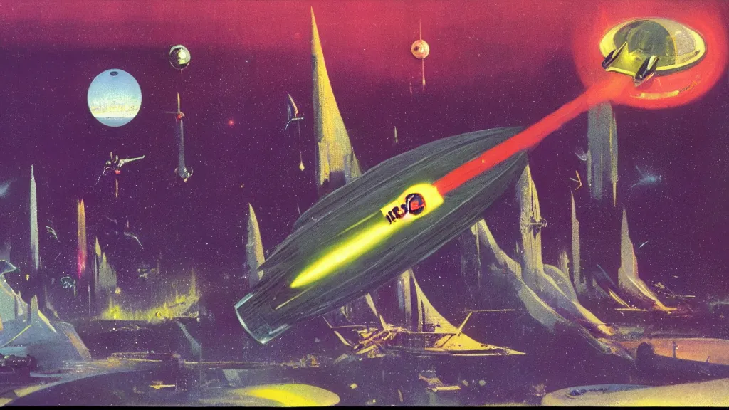 Image similar to rocket design by paul lehr and jack gaughan and john schoenherr, cinematic matte painting