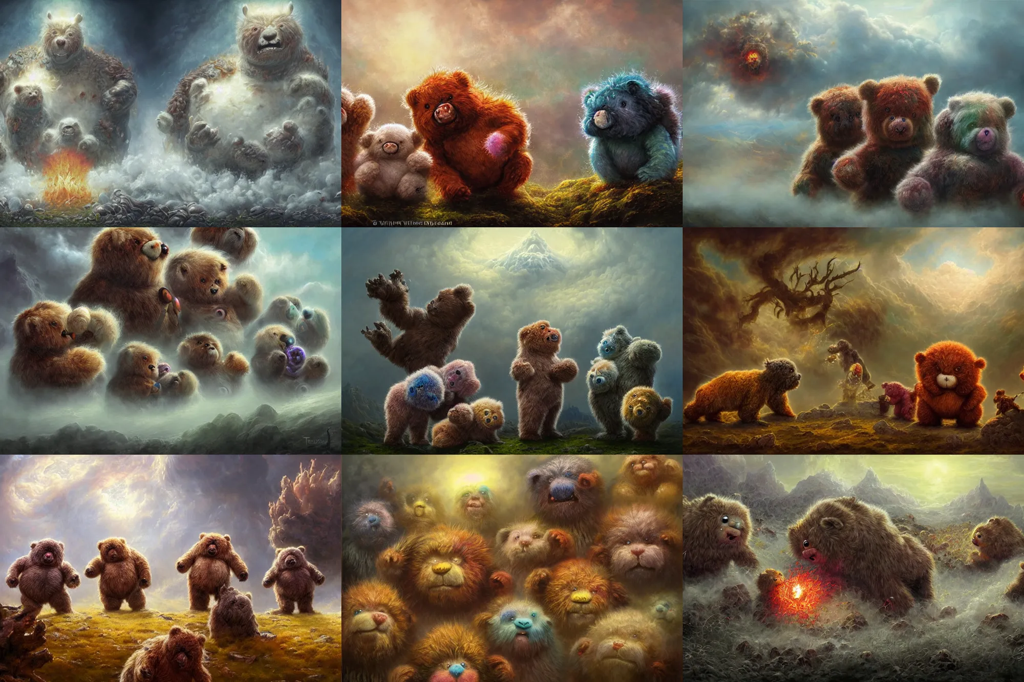 Prompt: highly detailed elden ring portrait photo of multicolored furbolg care bears with different symbol burned on their bellies, tormenting the souls of the damned ontop a white cloud landscape in hell, hyperrealistic illustration by william didier pouget and tomasz alen kopera