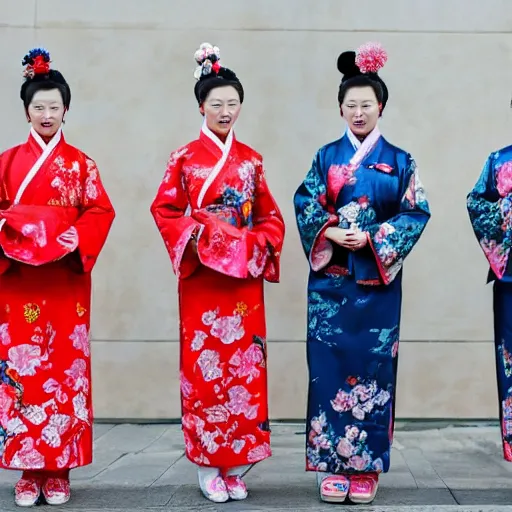 Image similar to traditional Chinese Court Ladies Adorning Their Hair With Flowers, while the ladies wearing a suit of protective clothing.