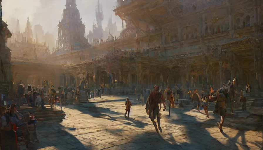 Image similar to craig mullins digital illustration of world's columbian exposition, strong contrast, sunny morning, raking light, unreal engine, hyper realism, realistic shading, cinematic composition, realistic render, octane render, detailed textures, photorealistic, wide shot