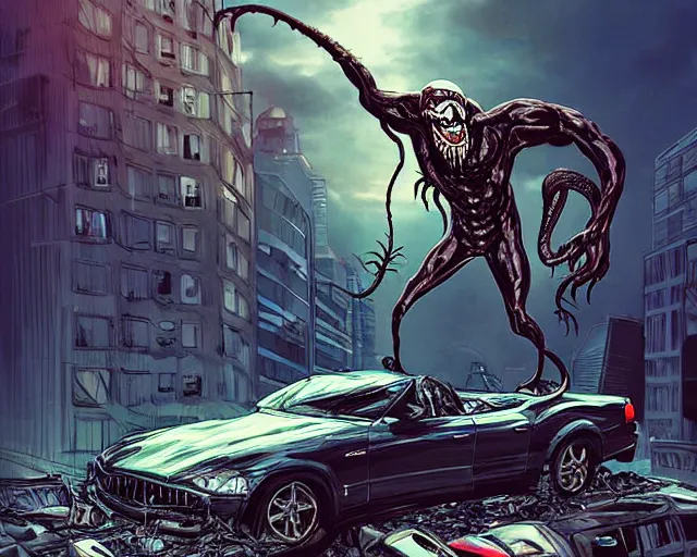 Image similar to A realistic Venom standing on top of a wrecked car in the city, open arms art by Jason Chan and Gerardo Sandoval, Ultra detailed, hyper realistic, cinematic lighting