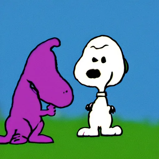 Image similar to A picture of Snoopy dressed as Barney the Dinosaur, 4k, concept art, digital painting, detailed, trending on artstation