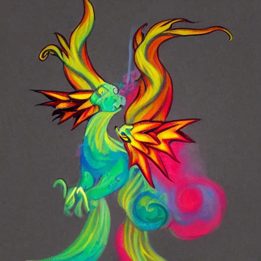 Image similar to multi color smoke with the small outstretched ribbed wings and head of a fairytale dragon, billowy, 8 k, 4 k