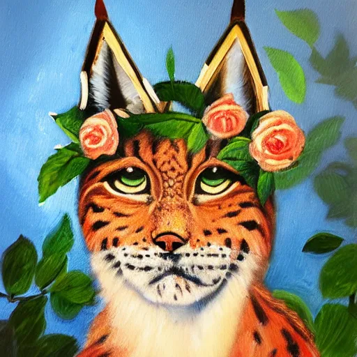 Image similar to lynx wearing Caesar's crown of leaves made out of roses, an expressive oil painting, high quality art,