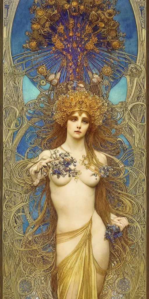 Prompt: saint woman, venus, athena, queen, by alphons mucha and annie swynnerton and jean delville, strong dramatic cinematic lighting, ornate headdress, flowing robes, spines, flowers, stars, lost civilizations, smooth, sharp focus, extremely detailed, blue marble, obsidian, gold, space