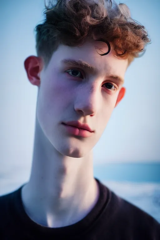 Image similar to high quality pastel coloured film mid angle selfie photograph of a beautiful young 2 0 year old male, soft features, short black hair, standing in an icelandic black rock environment. atmospheric. three point light. photographic. art directed. ( pastel colours ). volumetric light. clearcoat. waves glitch. 8 k. filmic.