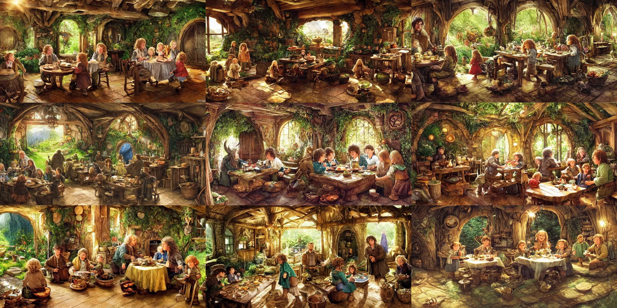 Prompt: a hobbit family celebrating a child's birthday within the interior of a hobbit hole, the table has an enormous birthday cake upon it, by alan lee, art station, dust flickers in beams of light from the windows, finely detailed furniture, warm colors, vibrant greenery outside, birthday decorations, oil painting