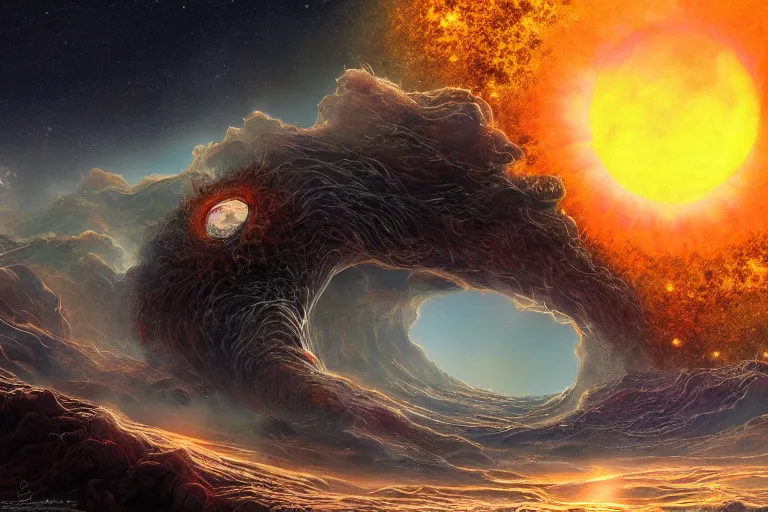 Image similar to a cosmic monster eating the sun, digital painting, mixed media, trending on artstation and deviantart, epic composition, highly detailed, 8 k