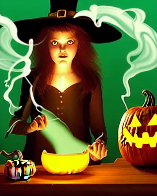 Prompt: close up portrait, serious teen witch mixing a spell in a cauldron, a cat is on the table, jack o lantern, wispy smoke fills the air, a witch hat, cinematic, green glowing smoke is coming out of the cauldron, strange ingredients on the table, strange apothecary shelves in the background, goosebumps movie