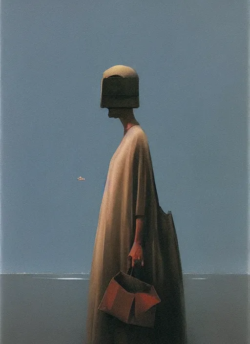 Prompt: woman in paper bag over the head on flooded street Edward Hopper and James Gilleard, Zdzislaw Beksinski, highly detailed