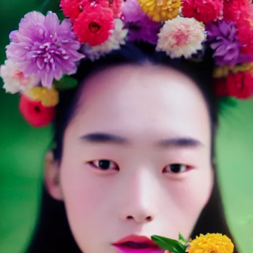 Prompt: extra close-up, color film photography, portrait of a beautiful woman with flowers on her head, in style of ren hang, 35mm, film photo