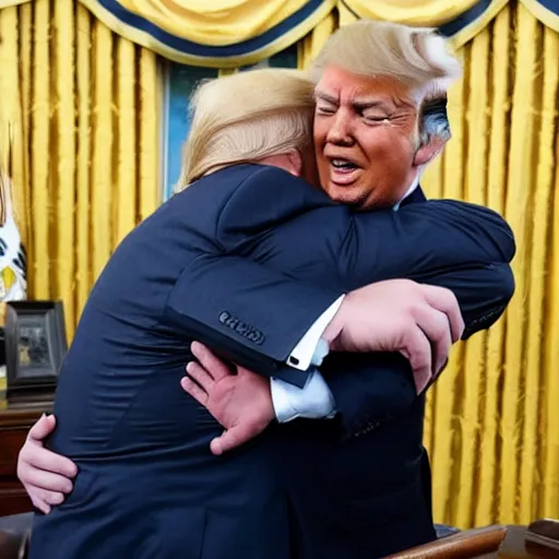 Prompt: Donald Trump and Homer Simpson Hugging in the oval office as best friends