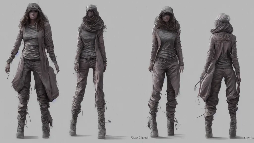 Prompt: character sheet for a light pink long haired beautiful realistic female for futuristic modern baggy dark grey jacket oakley glasses baseball hat dystopian mad max like fashion brand hamcus on an alien planet, impact by craig mullins, trending on artstation, trending on behance,, hd, 8 k, masterpiece