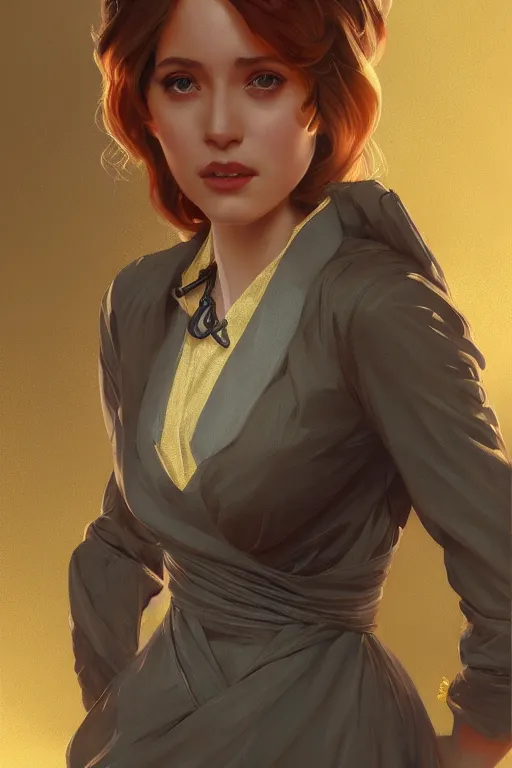 Image similar to a girl wearing a golden dress, grey hair, red necktie, cinematic, stunning, highly detailed, digital painting, artstation, smooth, hard focus, full body shot, illustration, art by artgerm and greg rutkowski and alphonse mucha