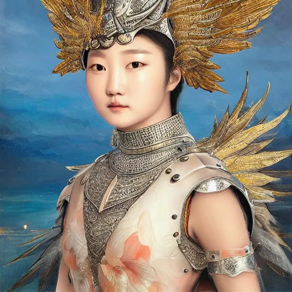 Image similar to highly detailed portrait of Hwang yeji wear a beautiful metal heron helmet cover whole face in shiny fairy style armour, sea in the background, Raffaello Sanzio style