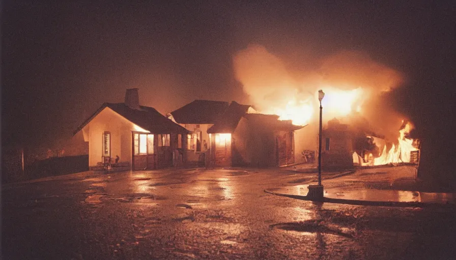 Image similar to 1 9 7 0 s movie still of a heavy burning french style little house in a small northern french village by night, rainy, foggy, cinestill 8 0 0 t 3 5 mm, heavy grain, high quality, high detail, dramatic light, anamorphic, flares