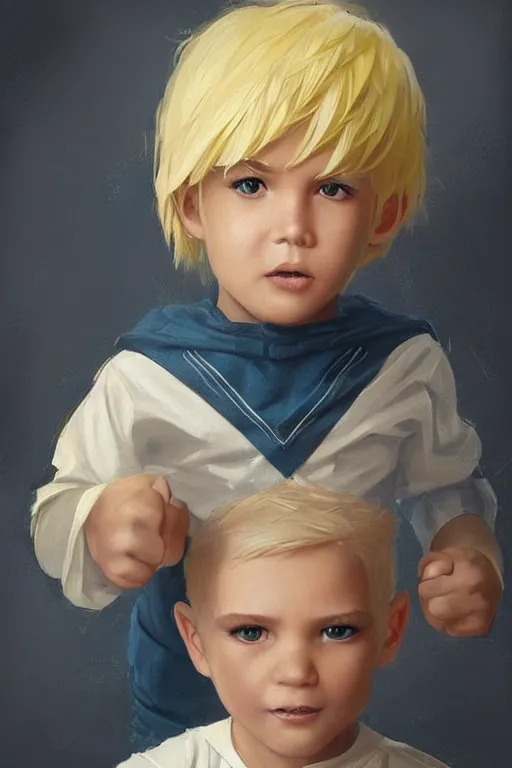 Image similar to a little boy with a michievous face and blonde hair. he is dressed as a superhero. clean elegant painting, beautiful detailed face. by artgerm and greg rutkowski