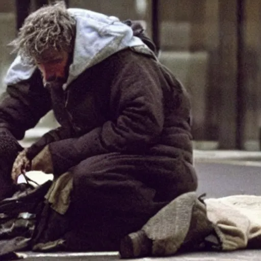 Prompt: a homeless man being controlled by a brain parasite attached to his head. Production photograph from big budget horror sci-fi movie. Directed by Ridley Scott.