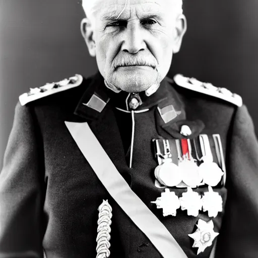 Prompt: his majesty the king, a gruff man in his late 8 0 s with a stern look and flowing white hair, his military uniform filled with medals, black and white photography, kodak retina i, 3 5 mm, photo taken 1 9 3 3