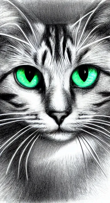 Image similar to highly detailed full body realistic pencil sketch of a beautiful cat with big green eyes in front of the universe