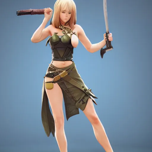 Image similar to a short woman, valkyrie style character, tropical bikini and extra long flowing skirt, oversized broad sword larger than character, by ilya kuvshinov, krenz cushart, pixiv. zbrush sculpt, octane, maya