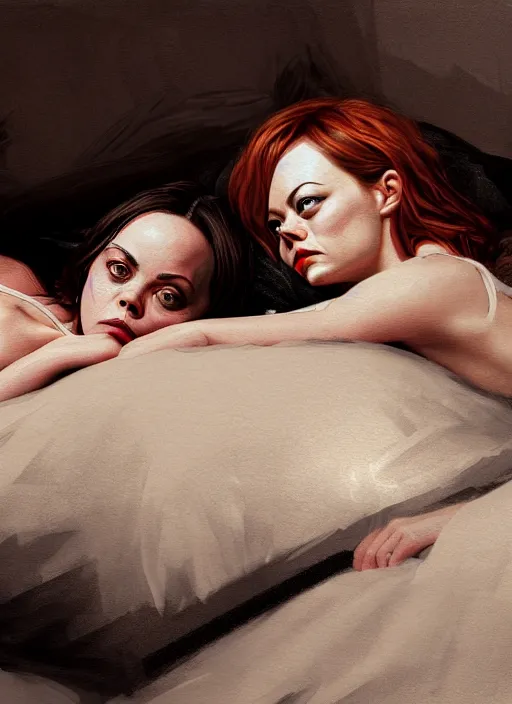 Image similar to christina ricci and emma stone lying in bed, backround dark, highly detailed, digital illustration, trending in artstation, modern painting, smooth, sharp focus, intricate, einar jonsson, ilya repin