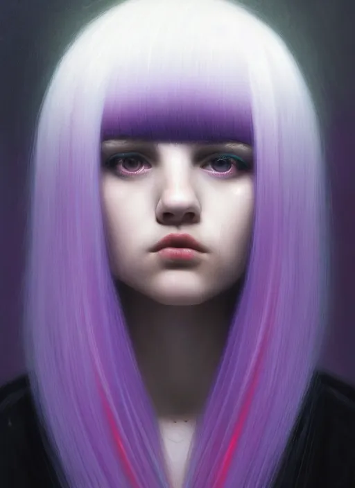 Image similar to hair whitebangs hair, black hair, blackbangswhitehair, portrait of teenage girl with white bangs, red irises, purple clothes, white bangs, bangs are different color from hair, intricate, elegant, glowing lights, highly detailed, digital painting, artstation, concept art, sharp focus, illustration, art by wlop, mars ravelo and greg rutkowski