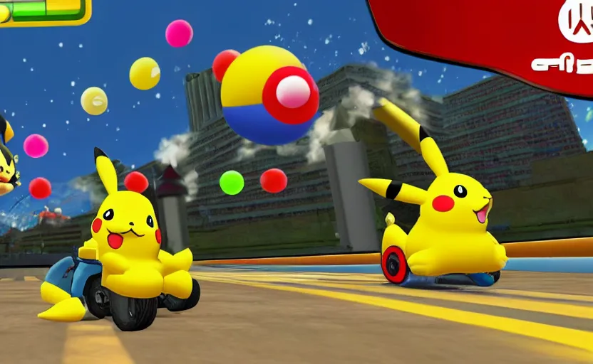 Image similar to Pikachu in Mario Kart, screenshot,