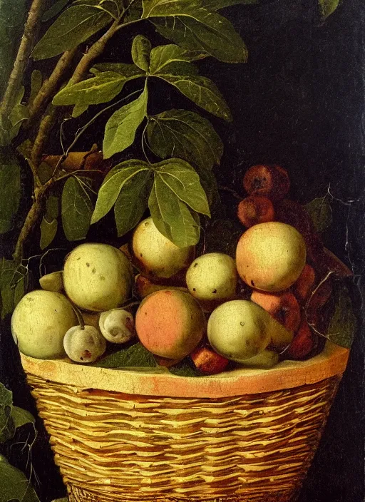 Prompt: a 1 6 th century oil painting of a fruit in a basket beside a tree. high quality scan