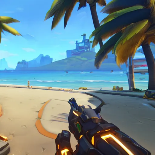 Prompt: Screenshot from Overwatch, at the beach