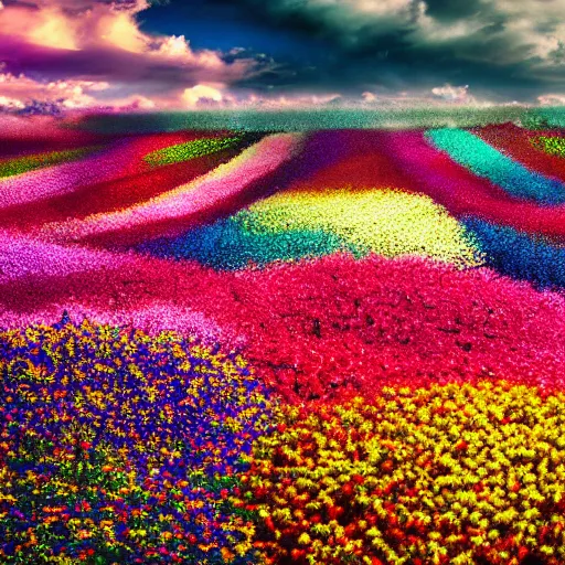 Prompt: Millions of colorful flowers blossoming, climax, overwhelming, brilliant, cinematic, epic, 8k, sharp focus