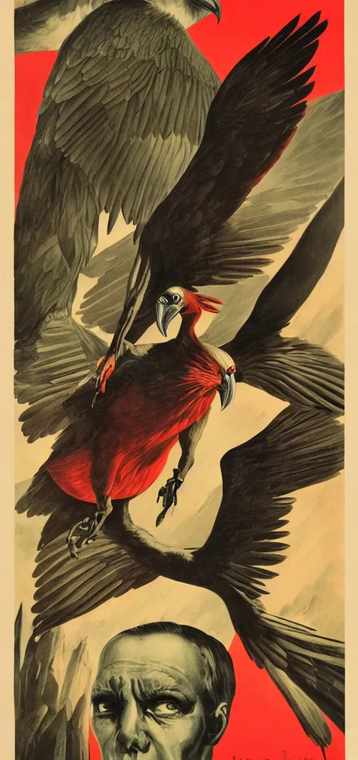 Image similar to mistery man in hood and red eyes with a dager, and a vulture, 1940s propaganda poster, full hd,highly detailed