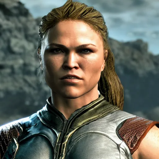 Prompt: character screenshot of ronda rousey dc in skyrim, female armor, npc talking, wilderness, 1 0 8 0 p, bokeh, elder scrolls v, detailed, dialog text