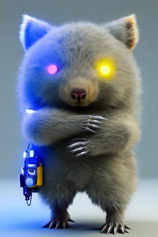 Image similar to high quality 3 d render sci - fi very cute mecha & fluffy! wombat!! hybrid! fighting, highly detailed, unreal engine cinematic smooth, in the style of blade runner & detective pikachu, hannah yata charlie immer, dark yellow neon light, low angle, uhd 8 k, sharp focus