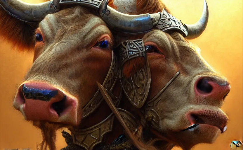 Image similar to cow warrior as a realistic fantasy knight, closeup portrait art by donato giancola and greg rutkowski, realistic face, digital art, trending on artstation, symmetry!!