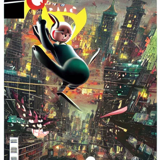 Image similar to award winning art of Astro Boy Demon nº625 Manga cover with an illustration of astroboy flying over a big messy matte painted city, bird eyes view of the city, full of japanese signs, Ashley wood oil painting, dynamic composition, printed on paper