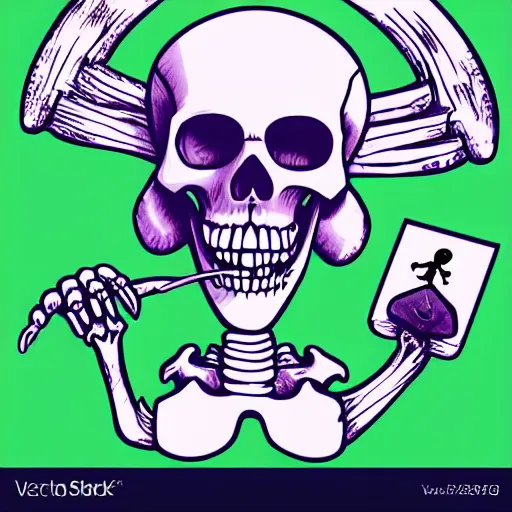 Image similar to whatsapp sticker of a pirate skeleton using an old 8 0's computer, vector