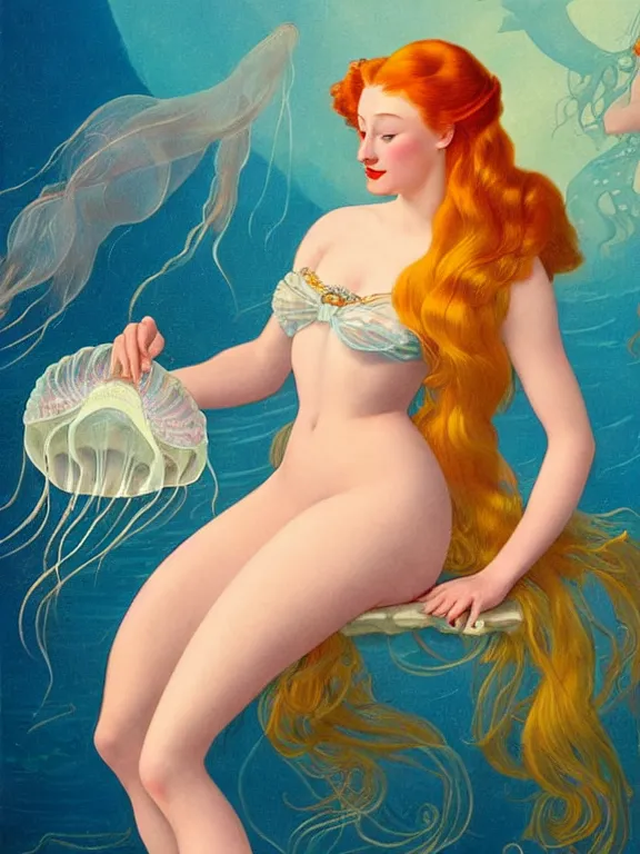 Prompt: Sophie turner as the little mermaid, a beautiful art nouveau portrait by Gil elvgren, beneath the ocean waves glowing jellyfish environment, centered composition, defined features, golden ratio, intricate seashell jewelry that glows