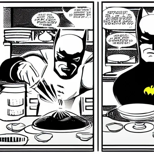 Prompt: batman baking a cake in a cozy french kitchen, comic book style