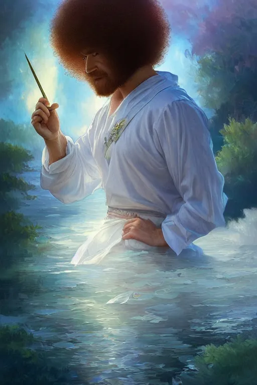 Image similar to bob ross, dreamy and ethereal,, fantasy, intricate, elegant, rainbow bubbles, highly detailed, digital painting, artstation, concept art, smooth, sharp focus, illustration, art by artgerm and greg rutkowski and alphonse mucha