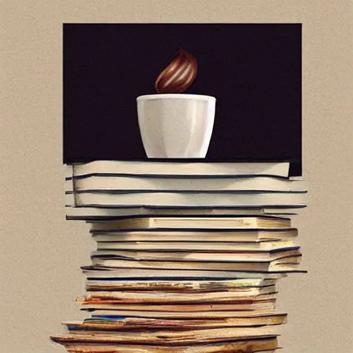 Image similar to Poster of a Cup of coffe on a stack of books, digital art, award winning, trending on artstation, art by artgerm