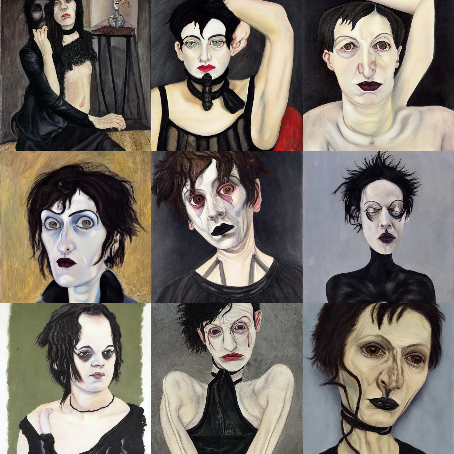 Prompt: A goth painted by Lucian Freud. Her hair is dark brown and cut into a short, messy pixie cut. She has a slightly rounded face, with a pointed chin, large entirely-black eyes, and a small nose. She is wearing a black tank top, a black leather jacket, a black knee-length skirt, a black choker, and black leather boots.