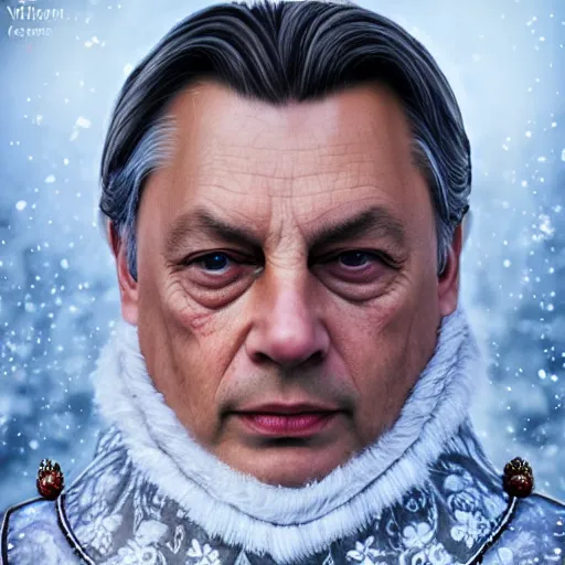 Image similar to an extremely realistic portrait depicting the coronation of viktor orban dressed in royal national costume, on the frozen danube, detailed, intricate, elegant, highly detailed, hyper realistic face, digital painting, artstation, concept art, smooth, sharp focus, illustration,