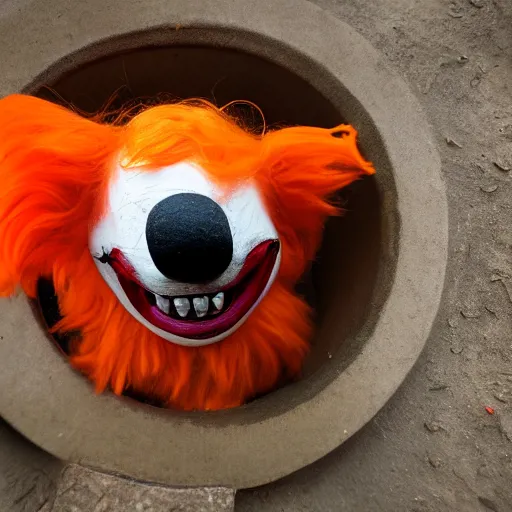 Image similar to it. clown with sharp teeth, red nose and orange hair smiling evilly from storm drain