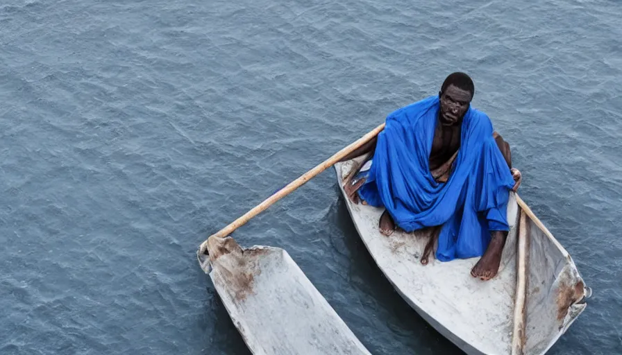 Prompt: movie still by djibril diop mambety of a man in blue drapery in a flesh barque on a river next to a spherical high - rise, leica sl 2 5 0 mm, heavy grain, high quality, high detail