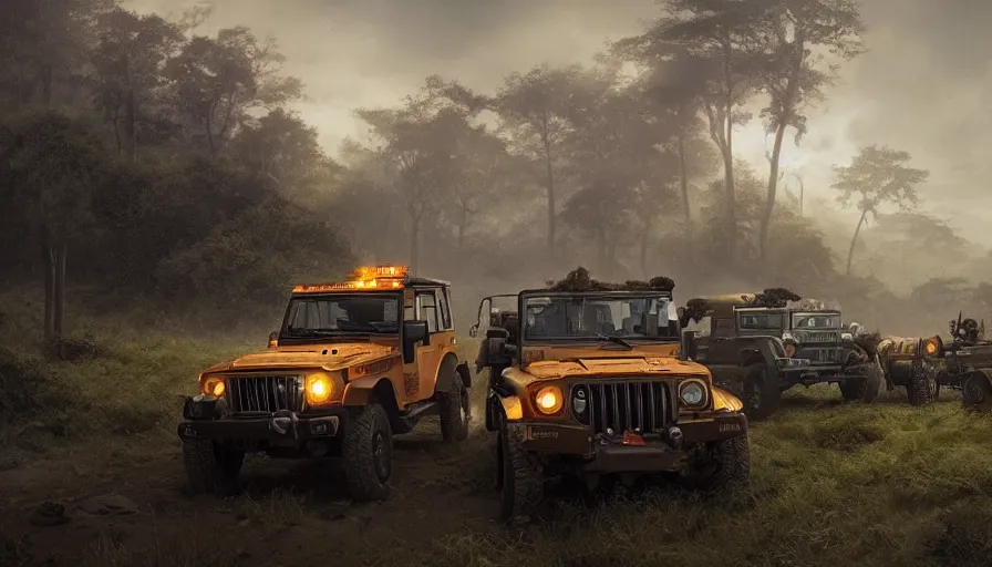 Prompt: Mahindra thar, headlights turned on, tigers and lions attacking, chasing action scene, an epic fantasy, dramatic lighting, cinematic, establishing shot, extremely high detail, photorealistic, cinematic lighting, matte painting, artstation, by simon stalenhag, horizon forbideen west