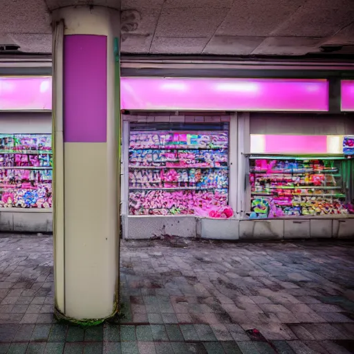 Image similar to futuristic, pastel colors, hd 8 k photography, abandoned, overgrown, candy shop in a mall