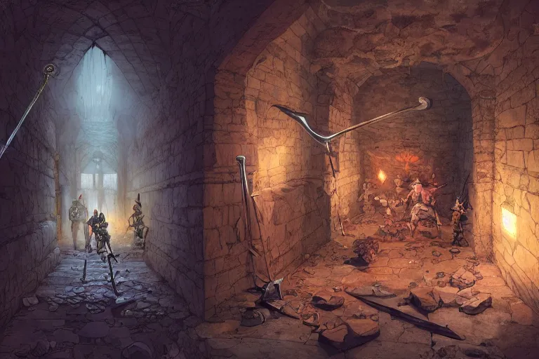 Image similar to one point perspective dungeon cozy fantasy dungeon hallway view with swinging axe trap in the middle of the ground by artgerm and Craig Mullins, James Jean, Andrey Ryabovichev, Mark Simonetti and Peter Morbacher 16k